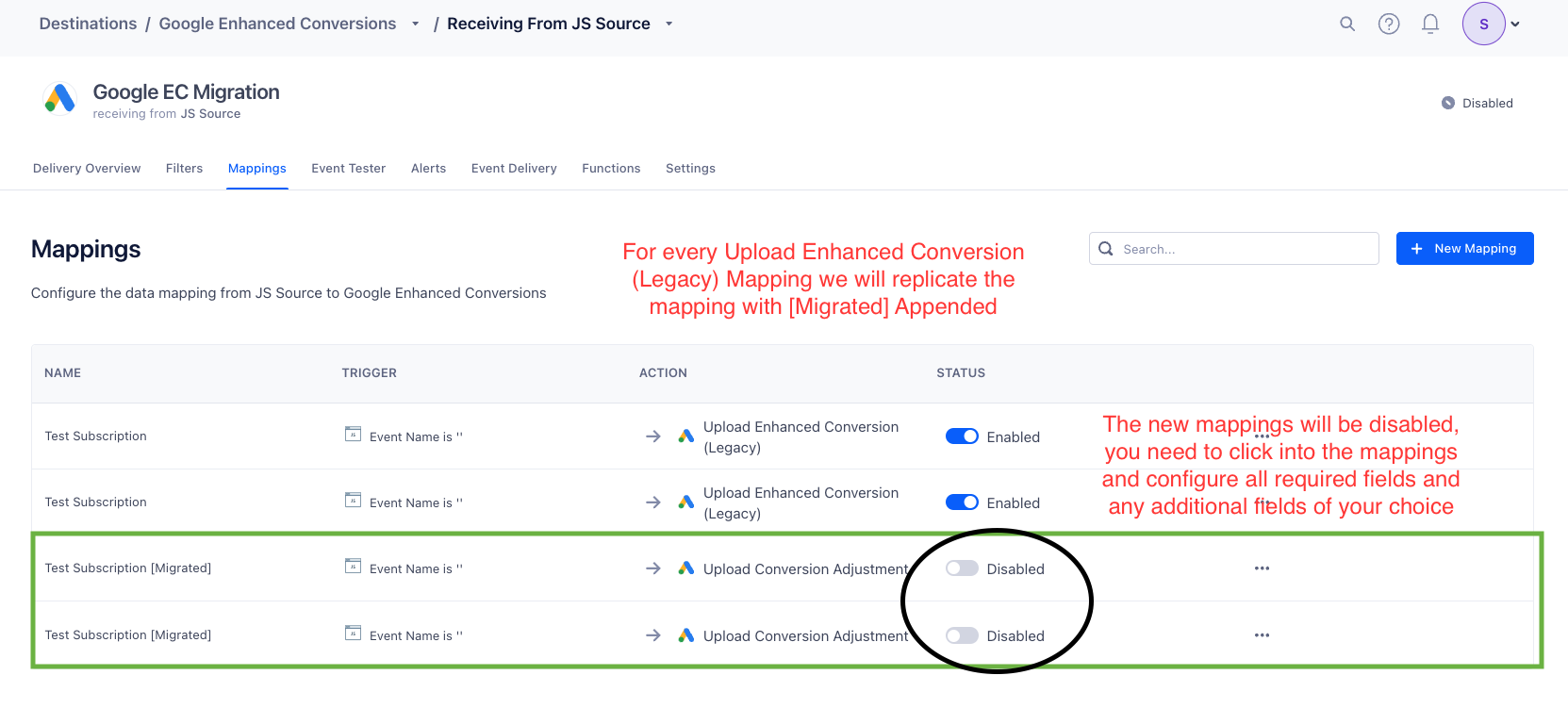 A screenshot of the Google Enhanced Conversions mappings page, with migrated mappings disabled.