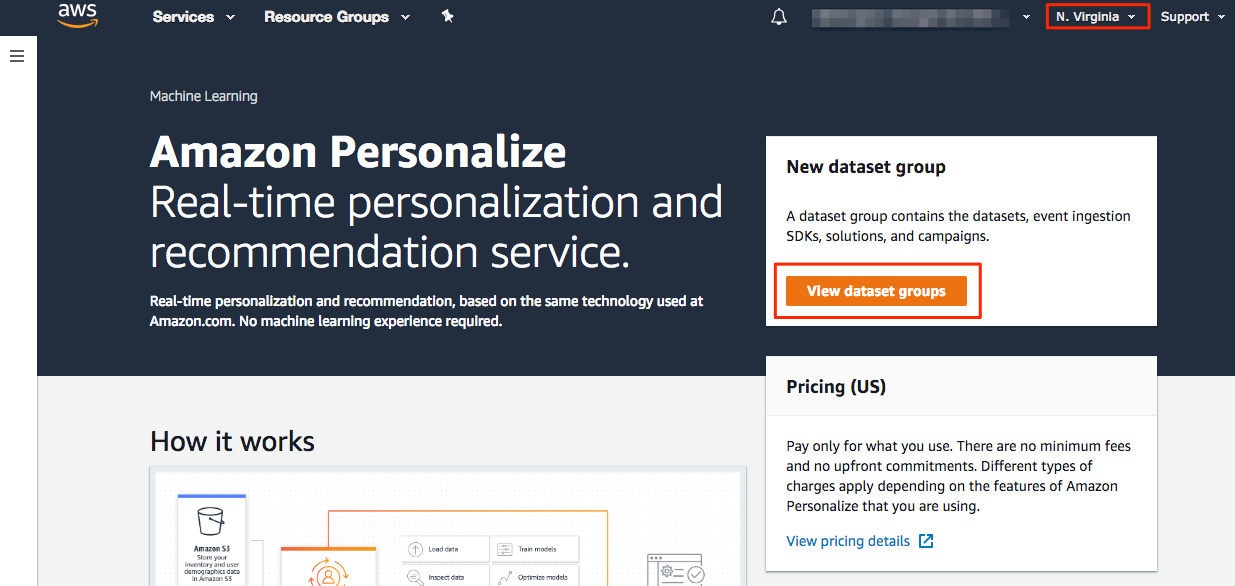 A screenshot of the Amazon Personalize page, with boxes around the data center (N. Virginia) and the View dataset groups button.