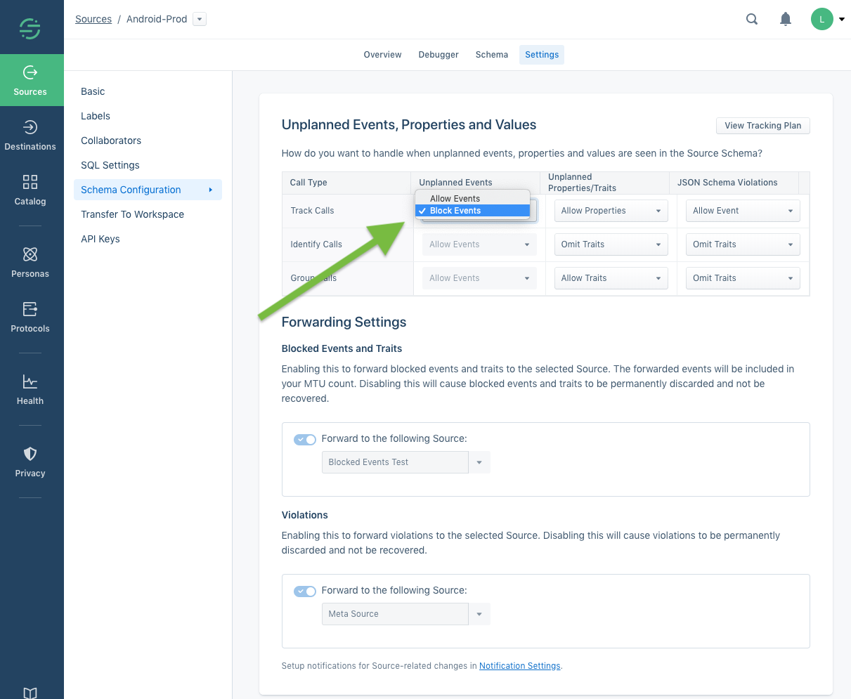 Schema Configuration section of a source's Settings page