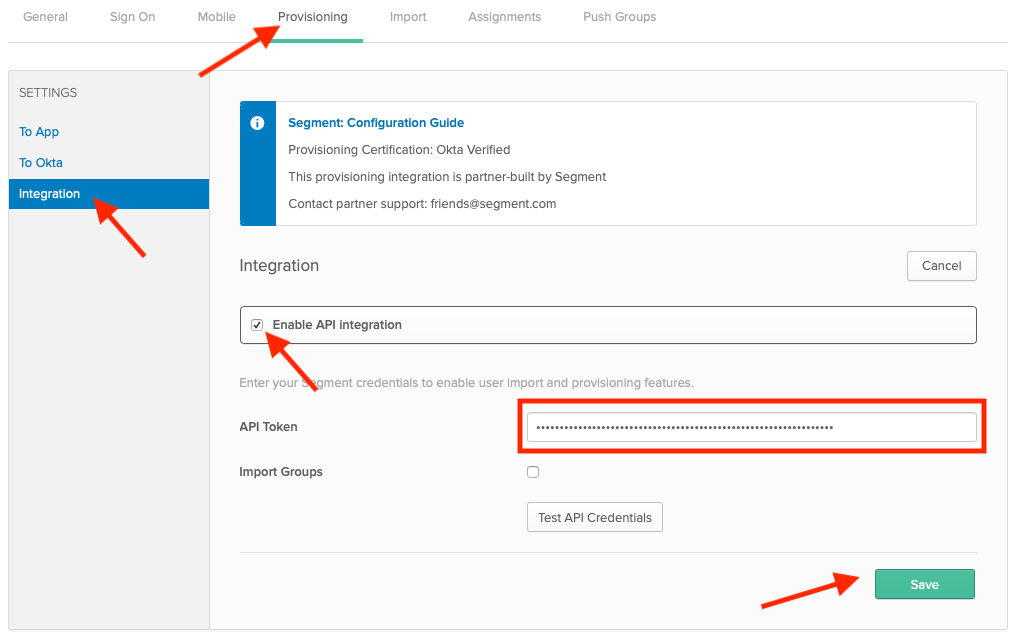 Screenshot of the Okta provisioning settings page, with the Integrations setting selected and the Enable API Integration checkbox enabled.